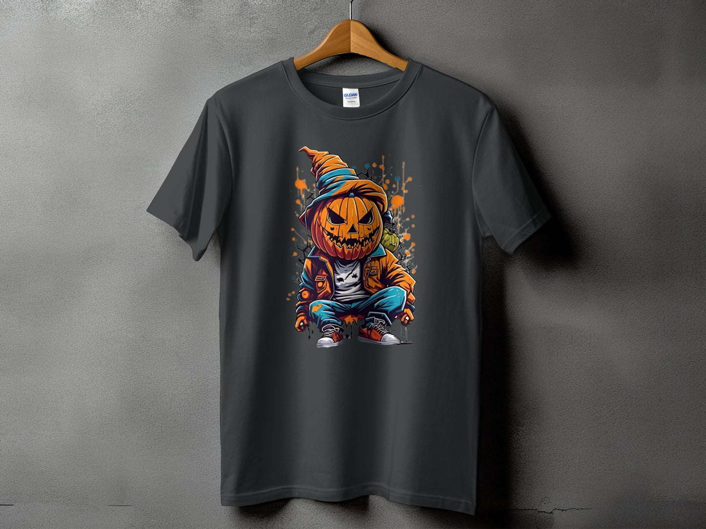 Dark t-shirt with graphic of a cartoon pumpkin man in hat and jacket.