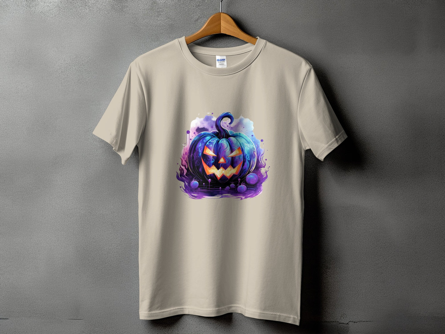 T-shirt with a blue and purple jack-o'-lantern design and spooky, colorful accents.