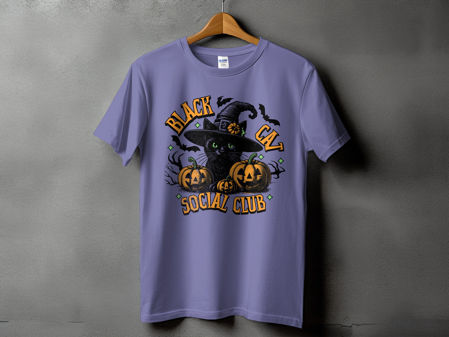 Black cat in witch hat with pumpkins and text "Black Cat Social Club"
