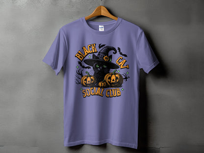 Black cat in witch hat with pumpkins and text "Black Cat Social Club"
