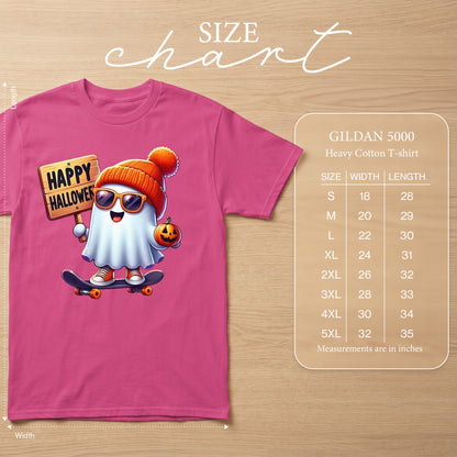 Cartoon ghost with sunglasses on skateboard, holding "Happy Halloween" sign and pumpkin, with Gildan 5000 size chart.