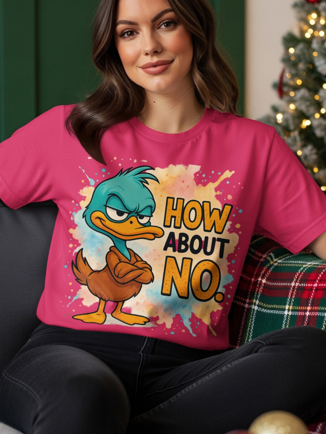 Pink t-shirt with cartoon duck saying "How about no."