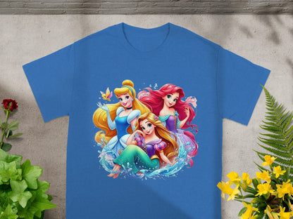 Blue t-shirt featuring Ariel, Cinderella, and Rapunzel from Disney's The Little Mermaid.