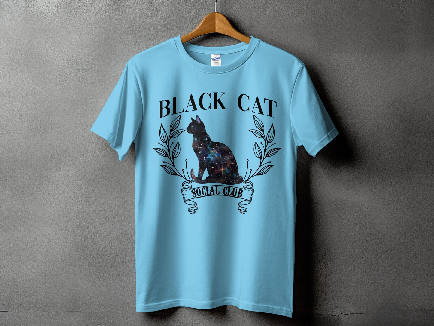Light blue t-shirt with "BLACK CAT SOCIAL CLUB" text and galaxy cat graphic.