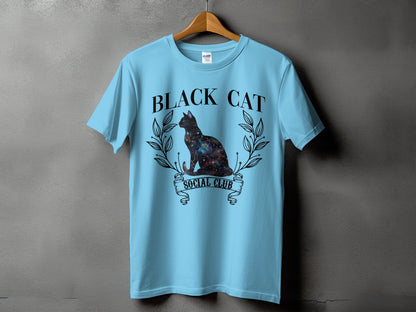 Light blue t-shirt with "BLACK CAT SOCIAL CLUB" text and galaxy cat graphic.
