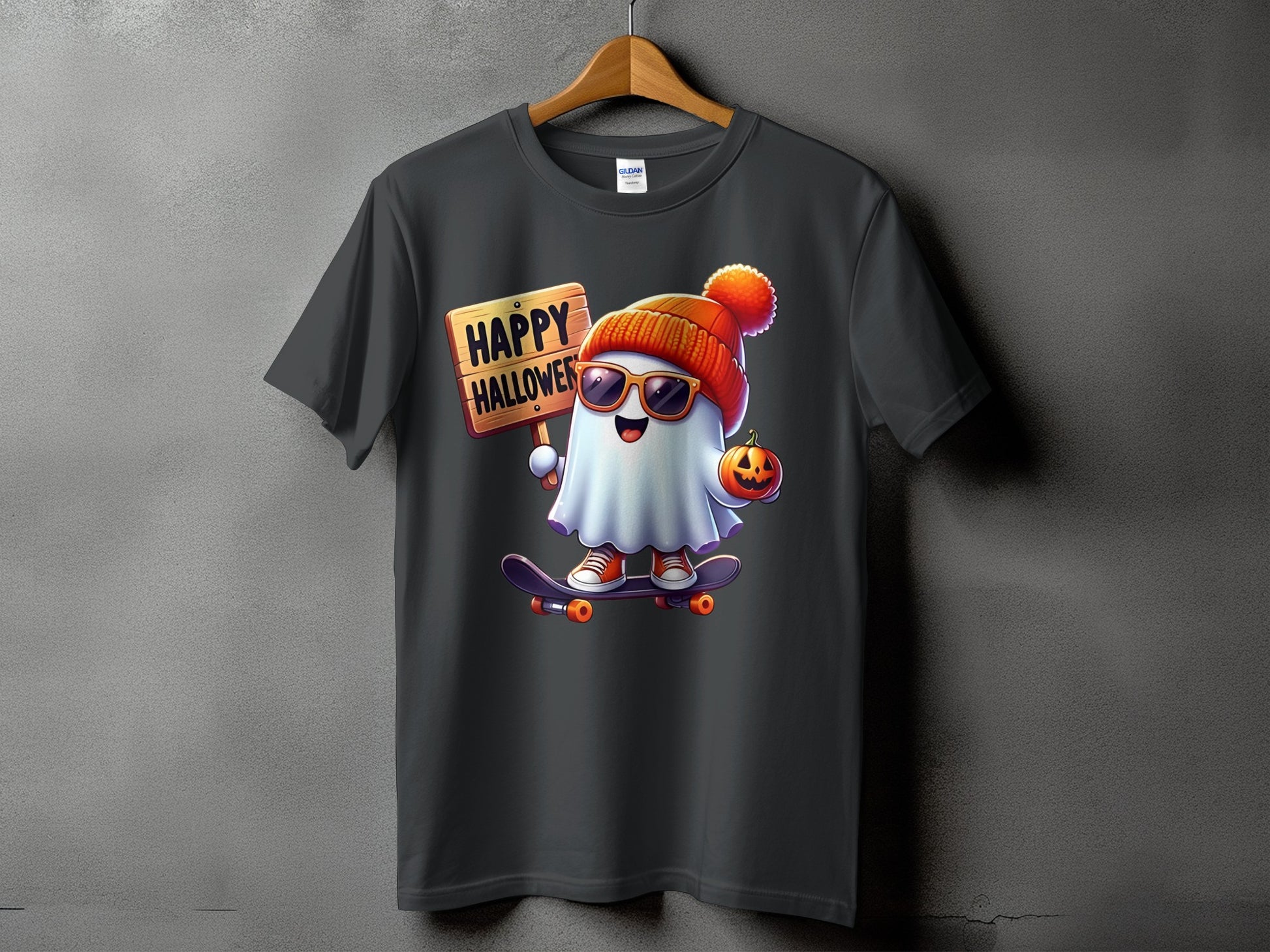 Ghost in hat and sunglasses on skateboard holds "Happy Halloween" sign and pumpkin.