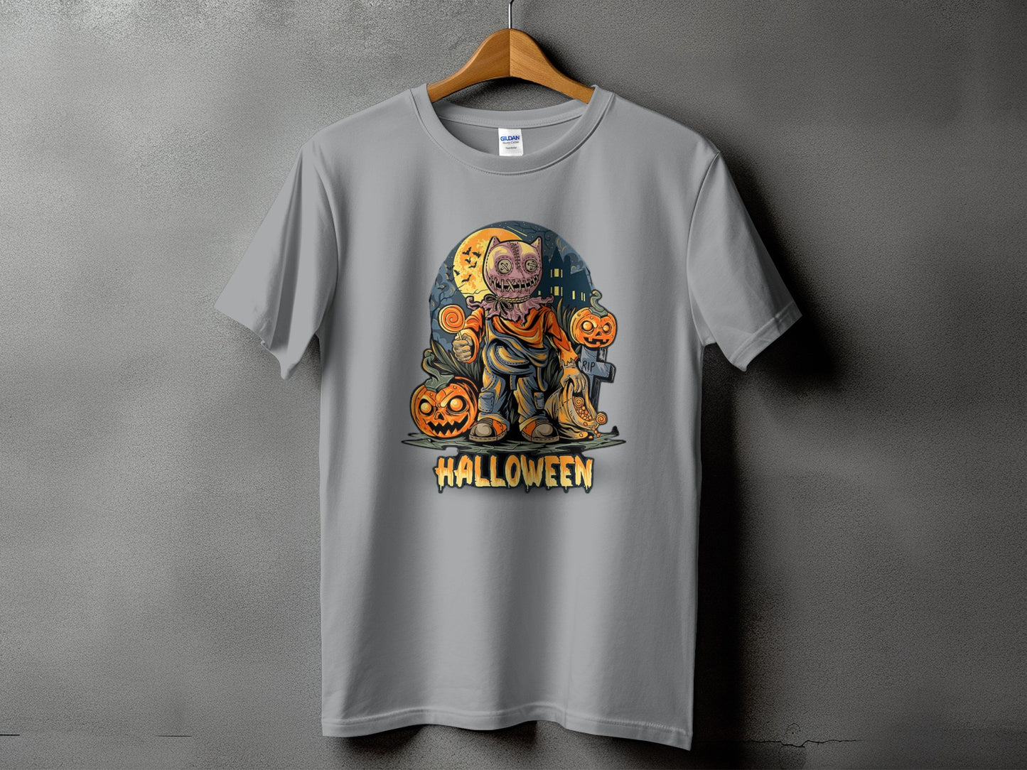 Gray t-shirt with a Halloween graphic of a scarecrow and pumpkins.