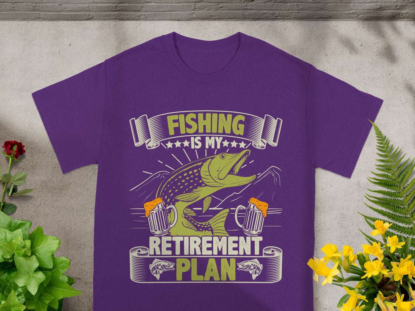 Purple t-shirt with "FISHING IS MY RETIREMENT PLAN" text, fish, and beer mugs.
