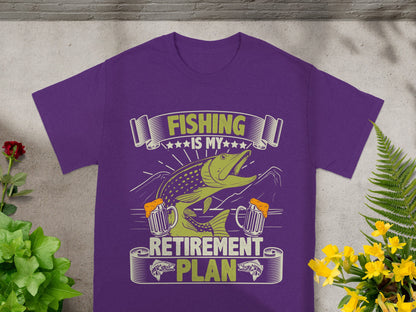 Purple t-shirt with "FISHING IS MY RETIREMENT PLAN" text, fish, and beer mugs.
