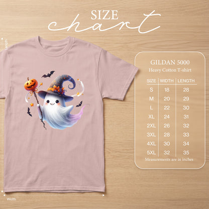 Pink t-shirt with ghost, pumpkin, and bats graphic, size chart for Gildan 5000 t-shirt.