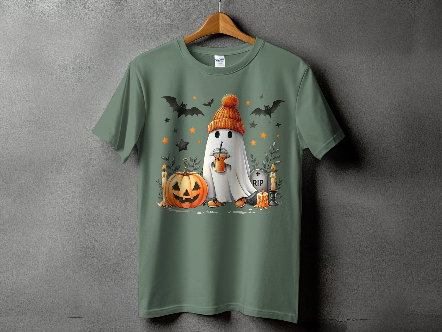 Ghost in orange hat holding drink with pumpkin, bats, RIP tombstone, and candles.
