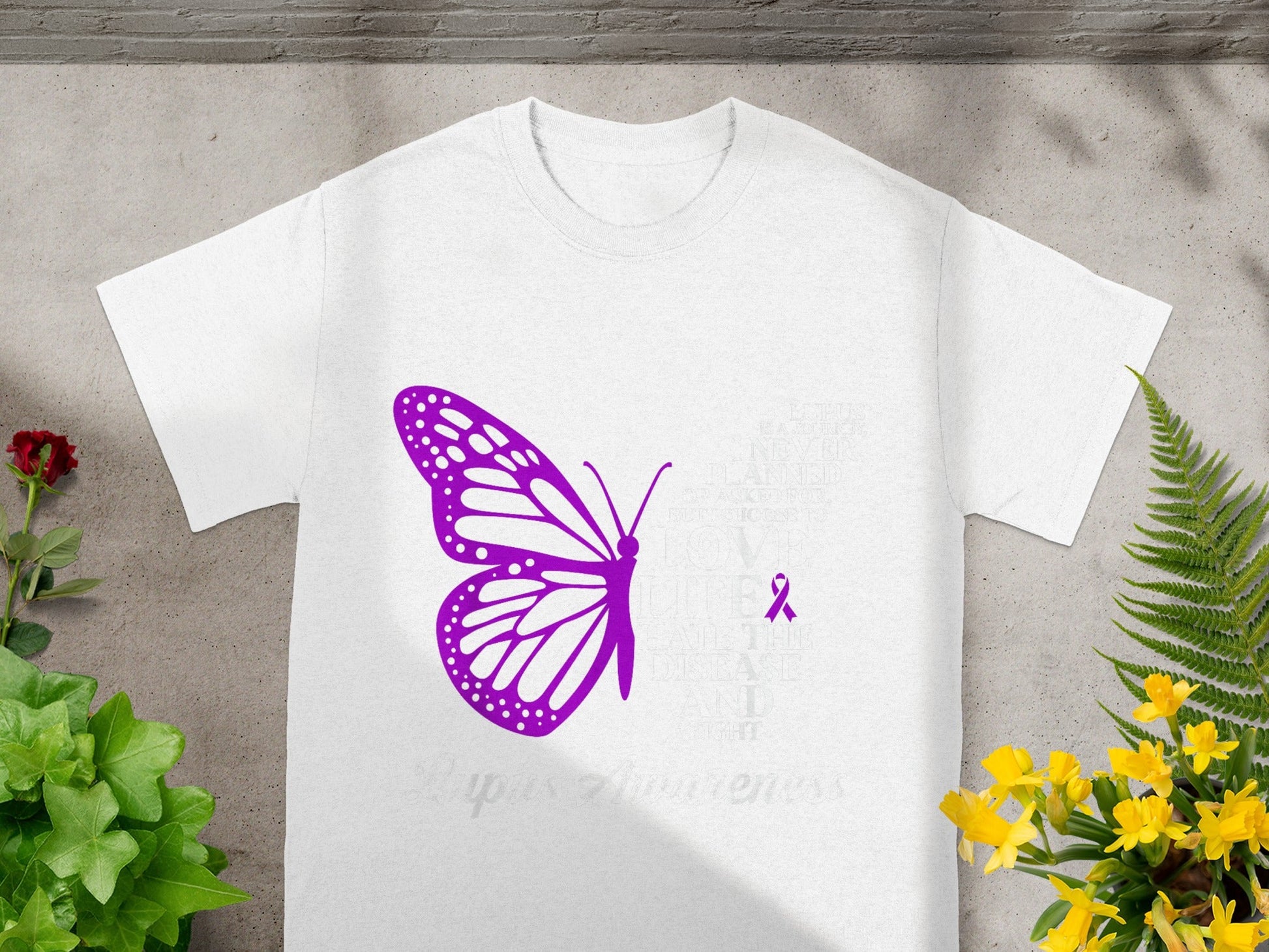 Purple Butterfly Print with Awareness Ribbon T-shirt