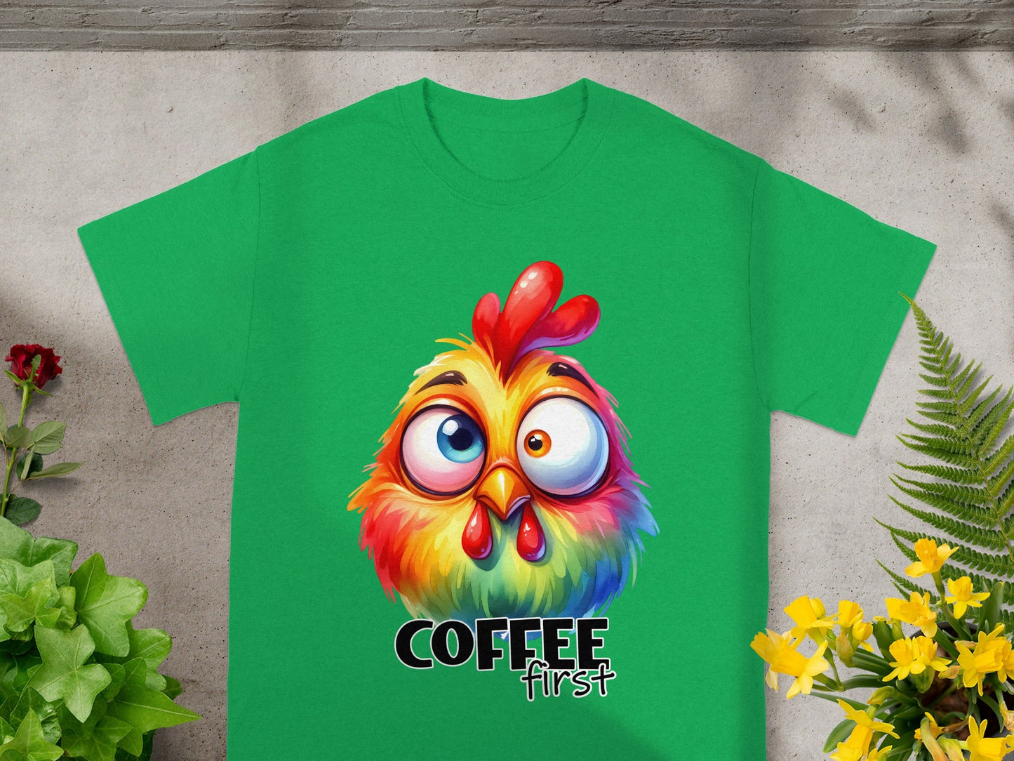 Funny Coffee First Crazy Chicken Graphic Tee Shirt