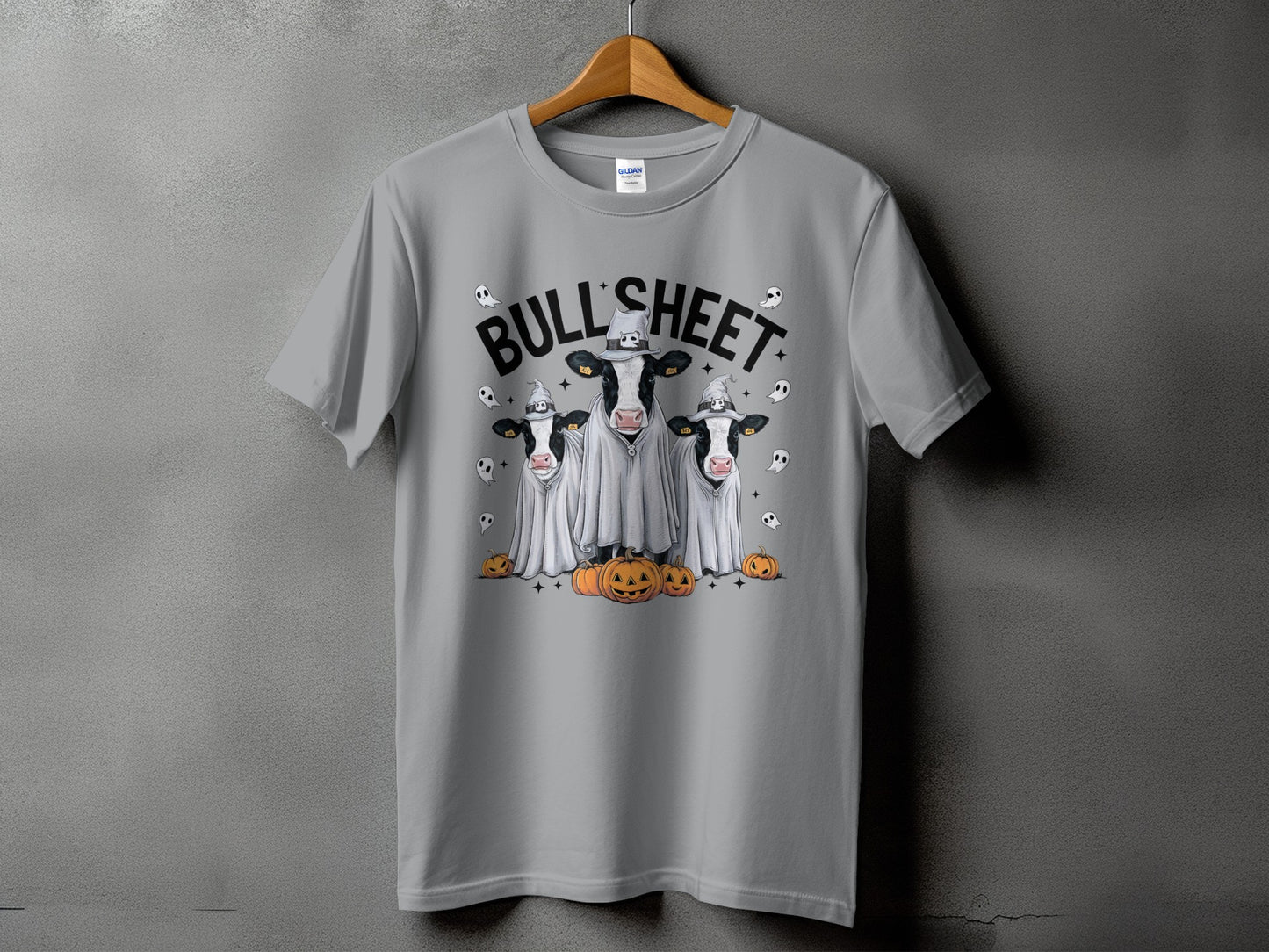 Gray t-shirt with "BULL' SHEET" text and three cows dressed as ghosts with pumpkins.