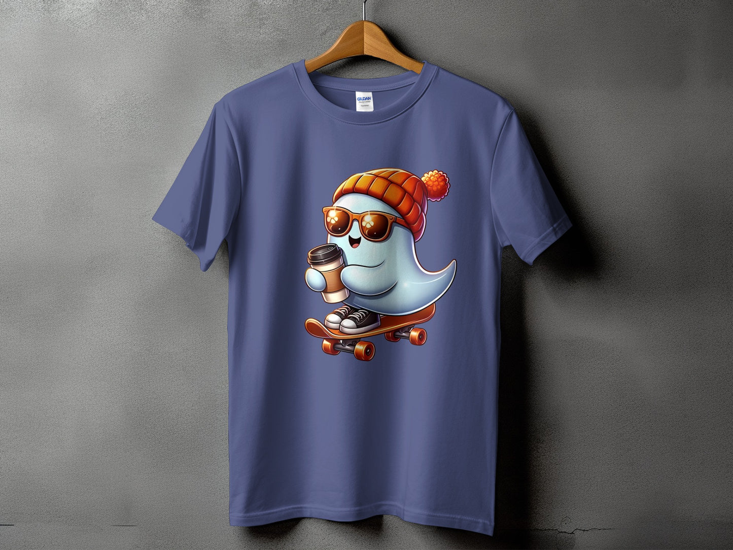 Blue t-shirt with a cartoon ghost wearing a hat and sunglasses, holding coffee, riding a skateboard.