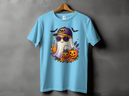 Ghost in sunglasses holding a drink with pumpkins and bats.