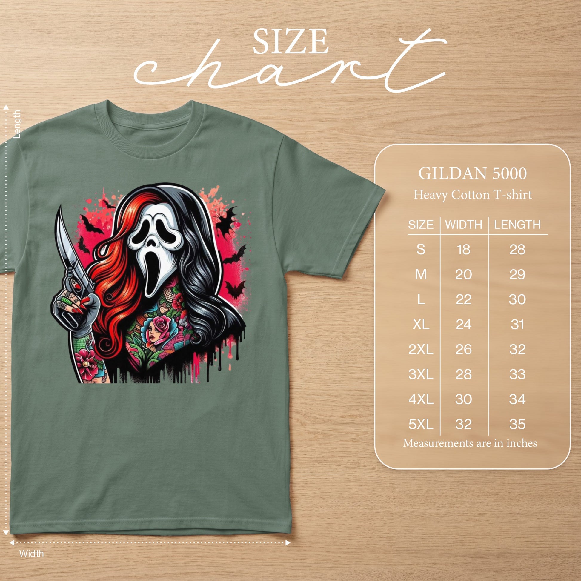 Gildan 5000 heavy cotton t-shirt with ghost face graphic, size chart.