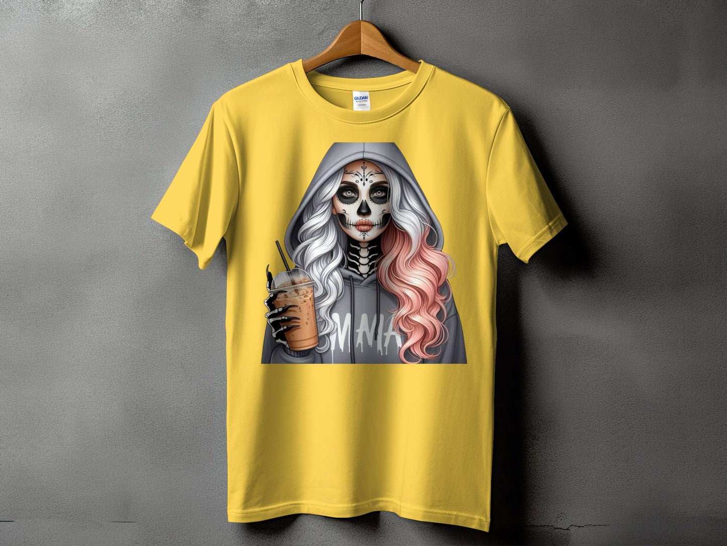 Yellow t-shirt with skull makeup art and iced coffee graphic.