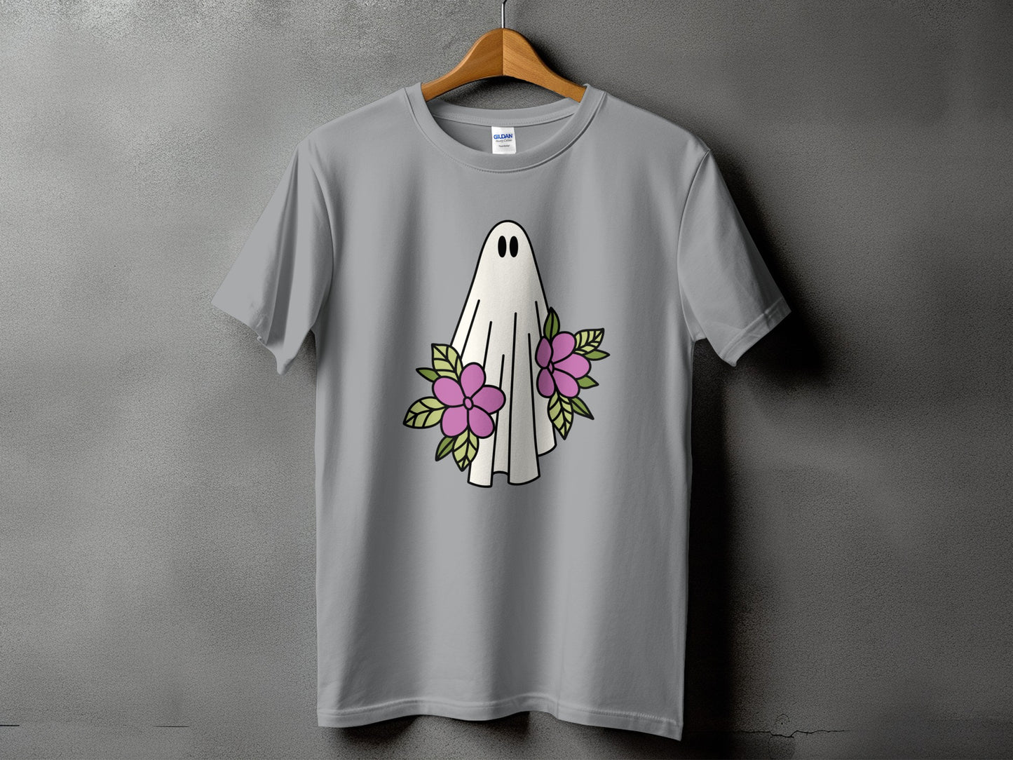 Gray t-shirt with a ghost and pink flowers graphic.