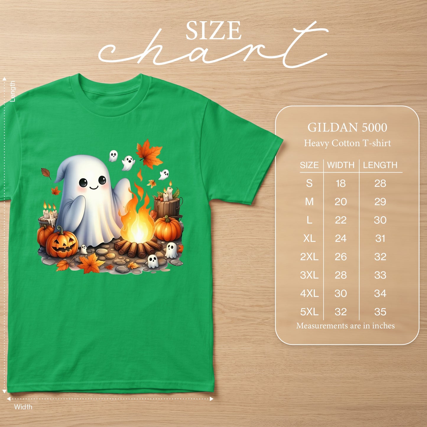 Green Gildan 5000 t-shirt with a cute ghost, pumpkins, and campfire graphic.