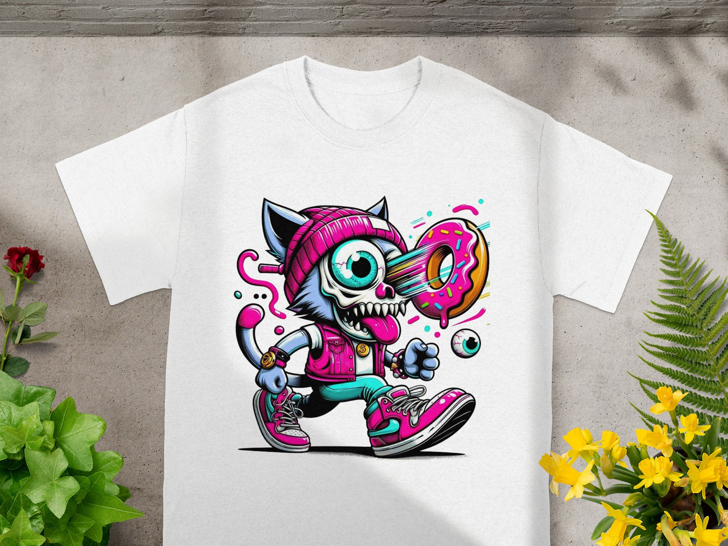 Colorful Cat With Donut Street Style Graphic Tee