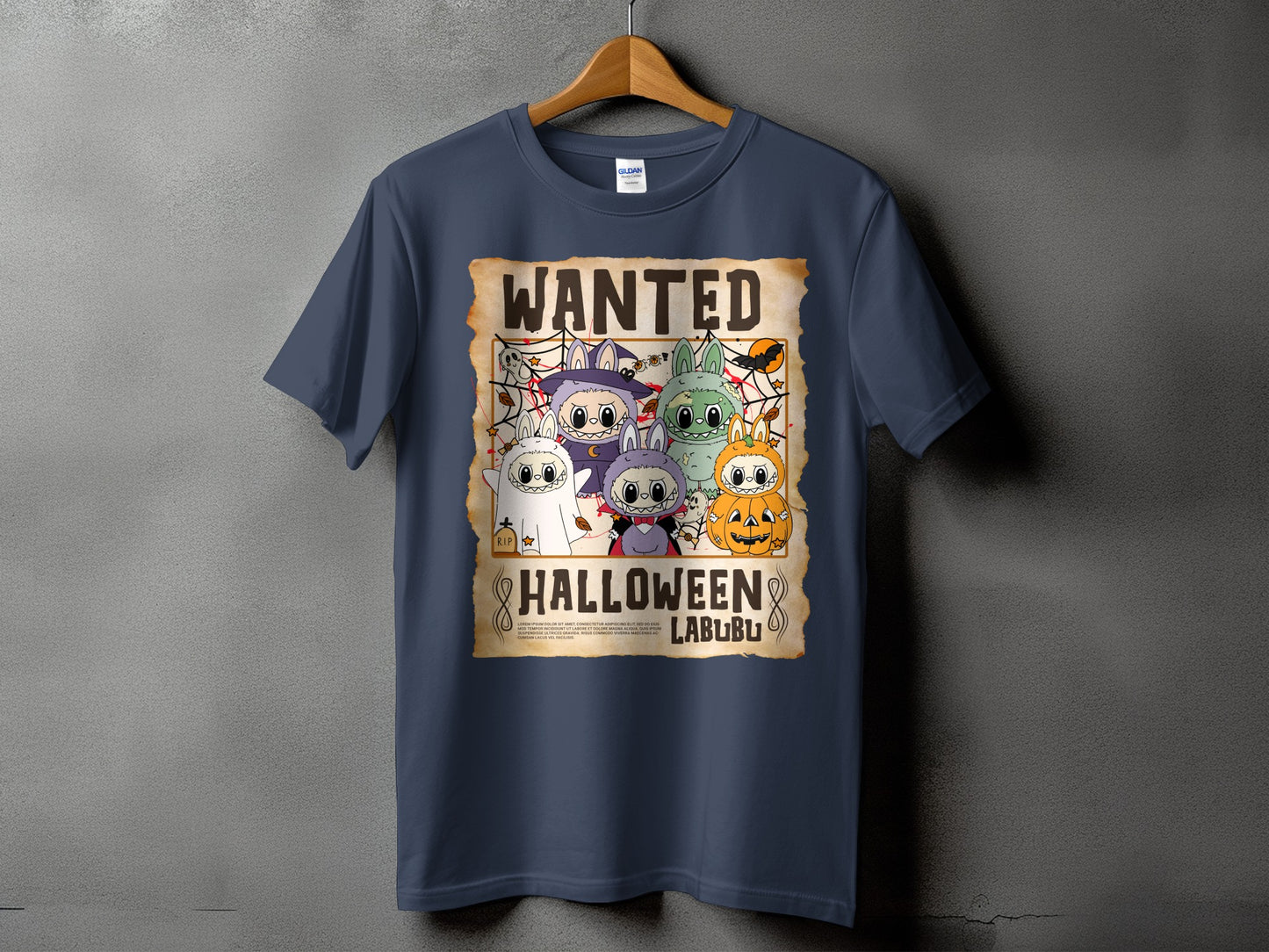 T-shirt with wanted poster featuring Labubu characters in Halloween costumes.