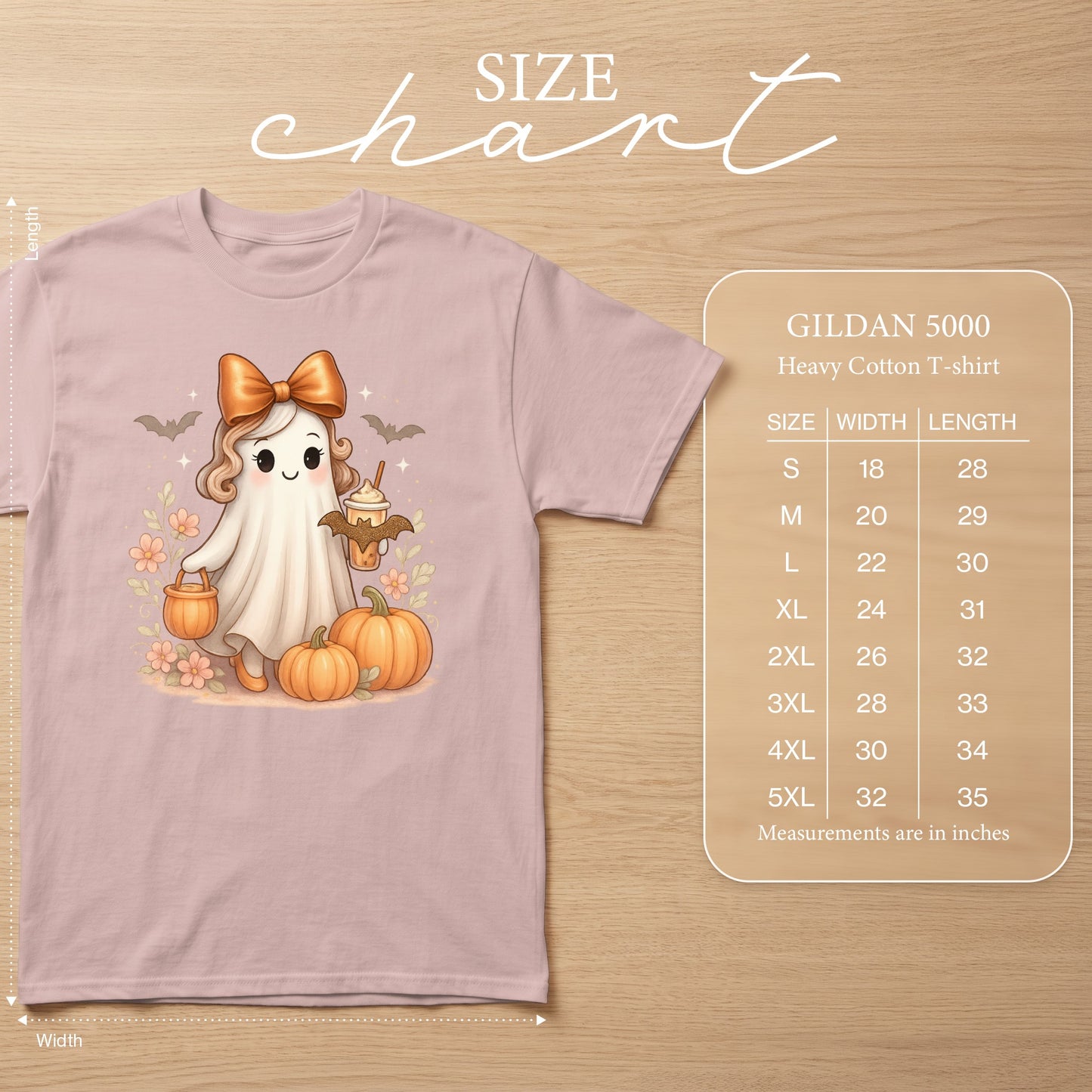 Pink t-shirt with ghost graphic and size chart for Gildan 5000 heavy cotton t-shirts.