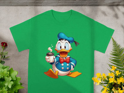 Green t-shirt with Donald Duck holding a coffee cup.