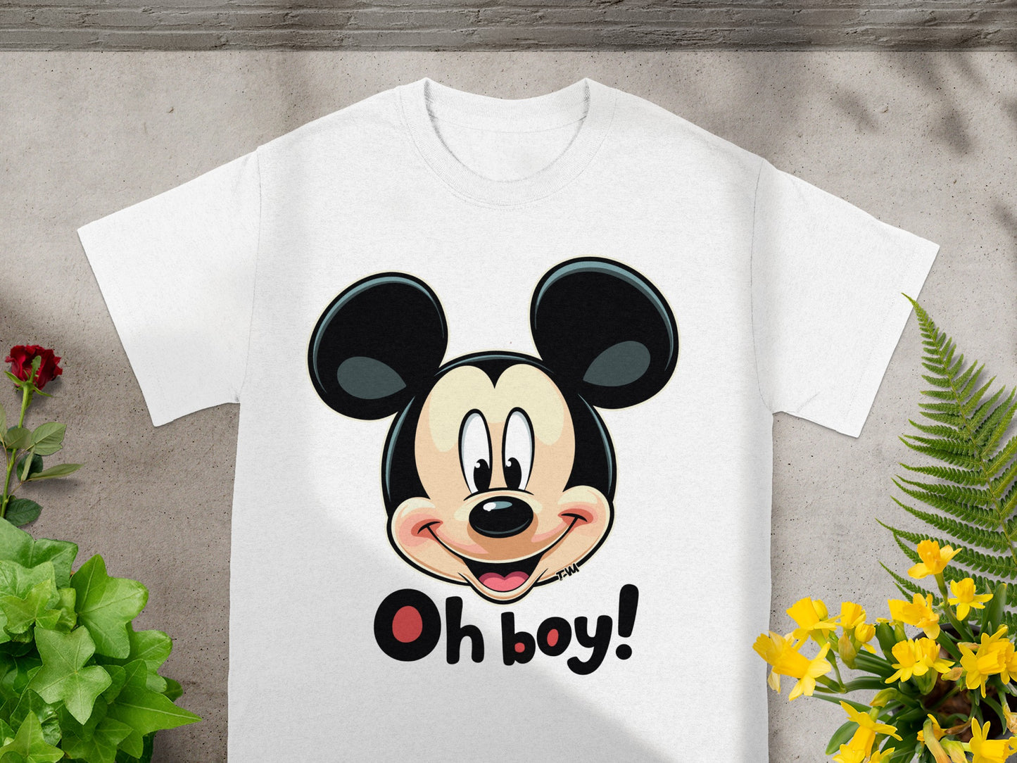 White t-shirt with Mickey Mouse head and "Oh boy!" text.