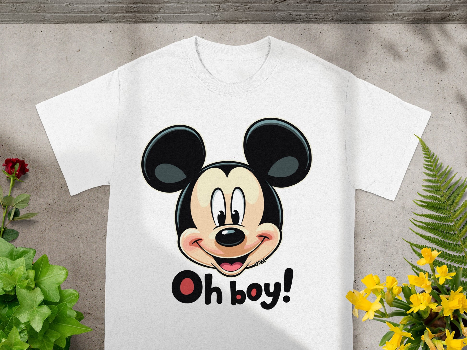 White t-shirt with Mickey Mouse head and "Oh boy!" text.