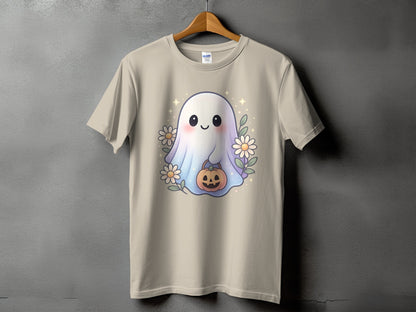 Light beige t-shirt with a cute ghost, pumpkin, and flowers graphic.