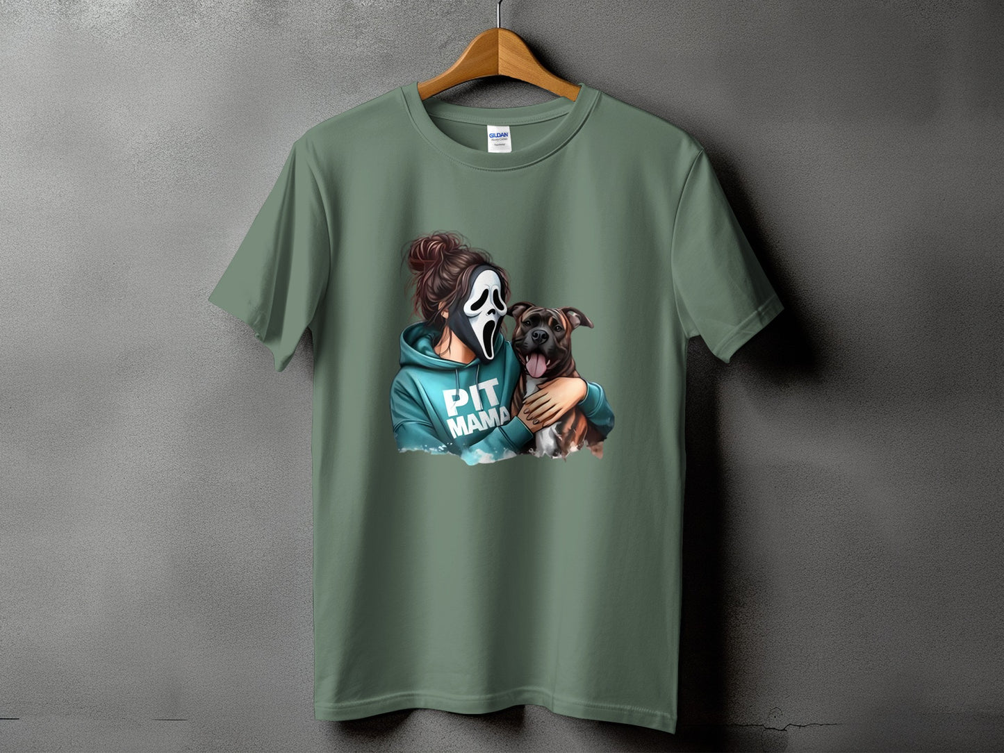 T-shirt with Ghostface mask person holding a pit bull, text reads "PIT MAMA".