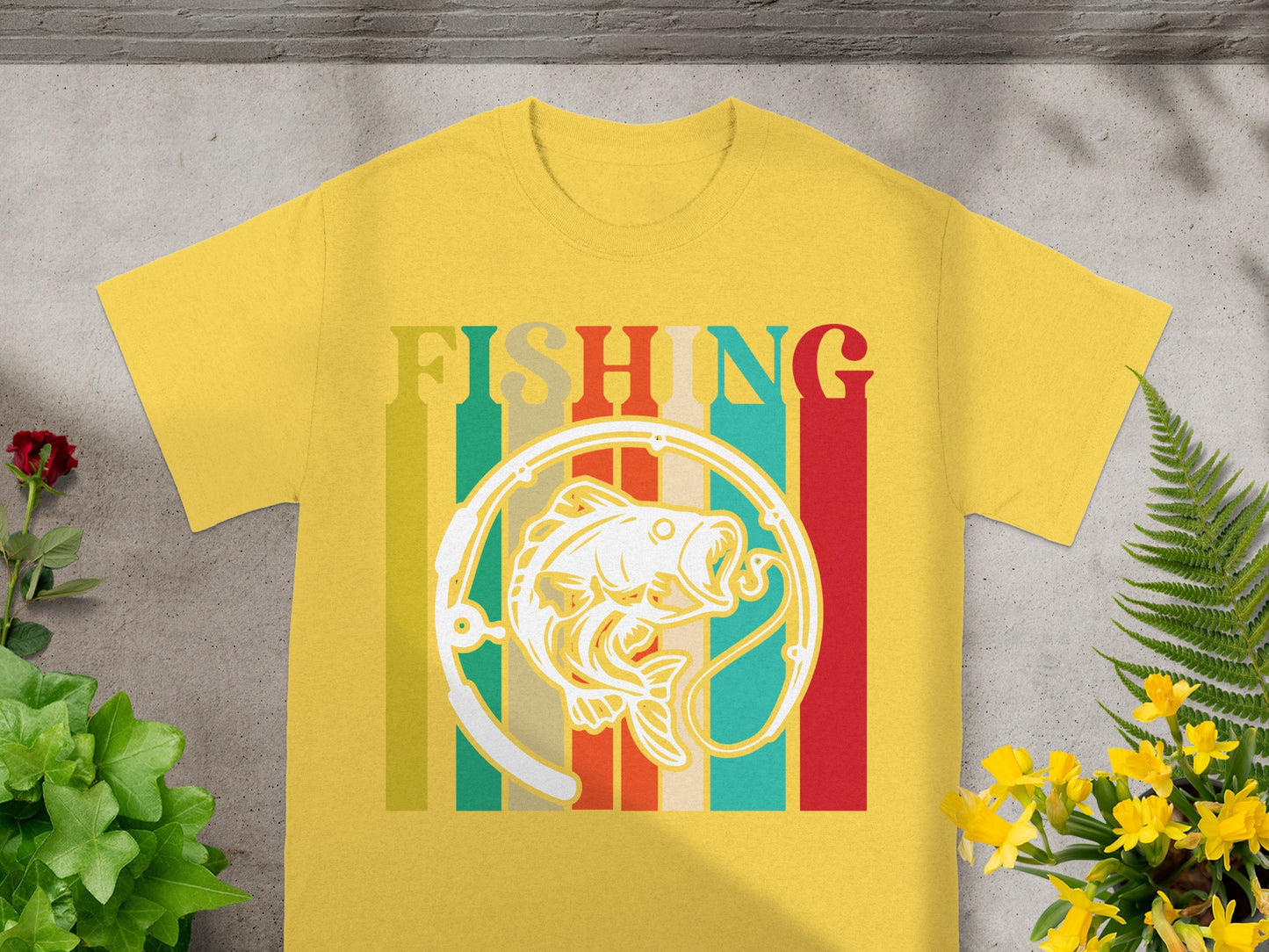 Yellow t-shirt with retro "FISHING" text and a looped fish graphic.