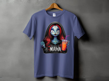 T-shirt with "Mama" text and Sally-inspired character holding a drink.