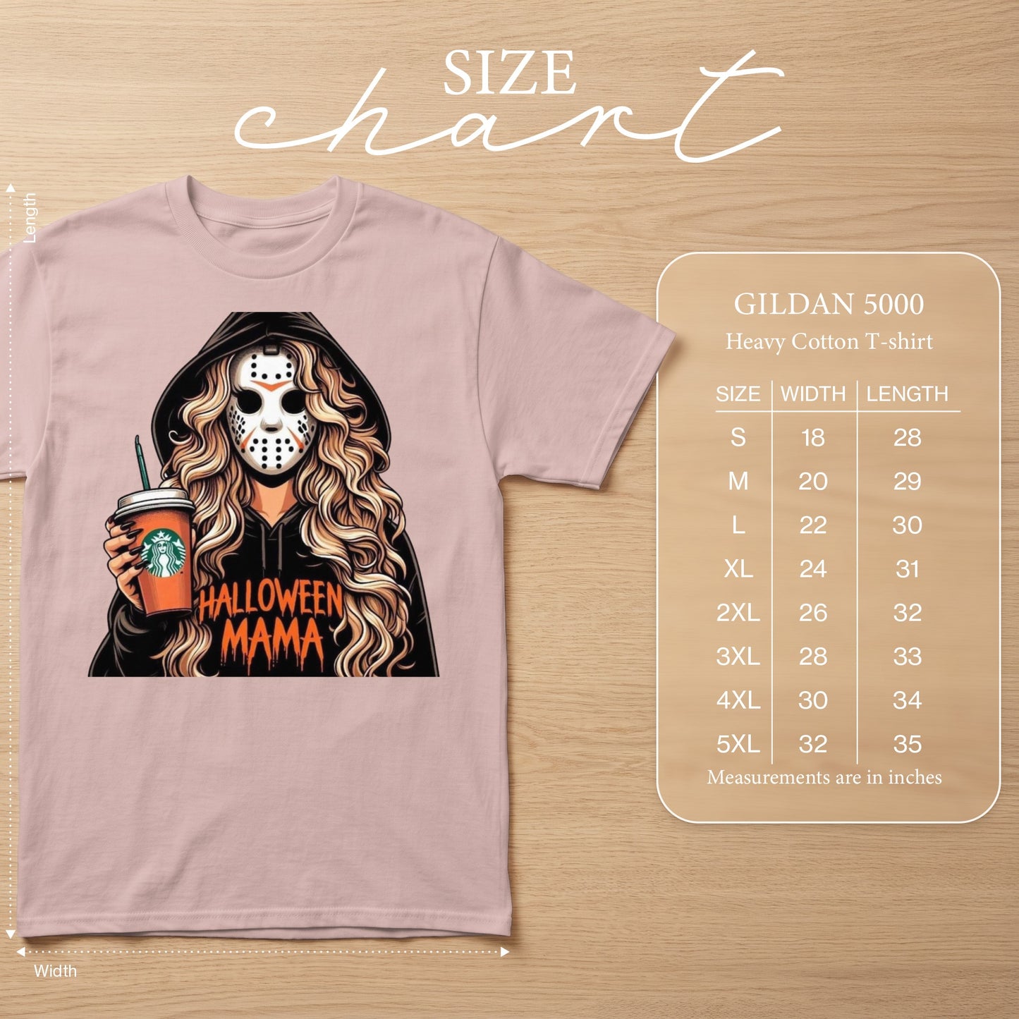 Pink t-shirt with graphic of woman in Jason mask holding Starbucks cup; size chart included.