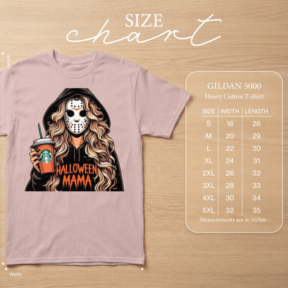 Pink t-shirt with graphic of woman in Jason mask holding Starbucks cup; size chart included.