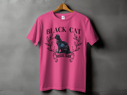 Pink t-shirt with black cat galaxy graphic and "BLACK CAT SOCIAL CLUB" text.