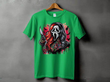 Green t-shirt with ghostface and dagger graphic with tattoos and bats.