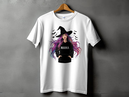 White t-shirt with graphic of witch wearing black hat and "Mama" hoodie.