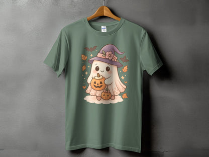 Green t-shirt with a cute ghost holding pumpkins and wearing a witch hat.