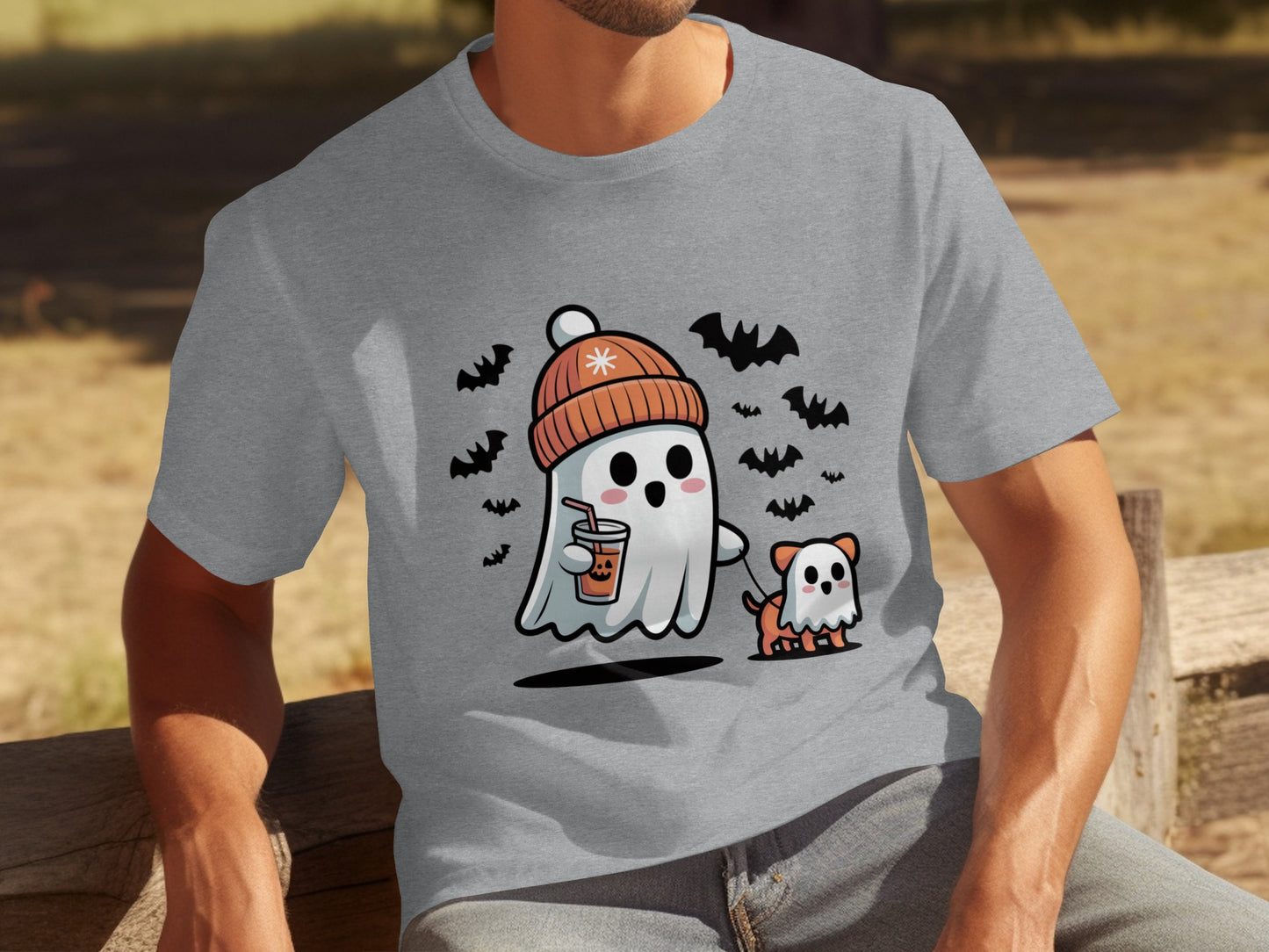 Ghost and Dog Halloween Graphic T-Shirt with Boba Drink