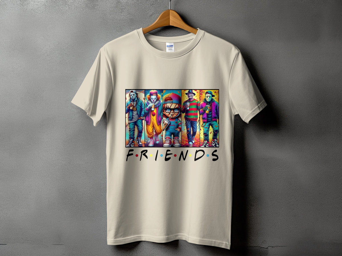 Horror movie characters as Friends TV show logo on a beige t-shirt.