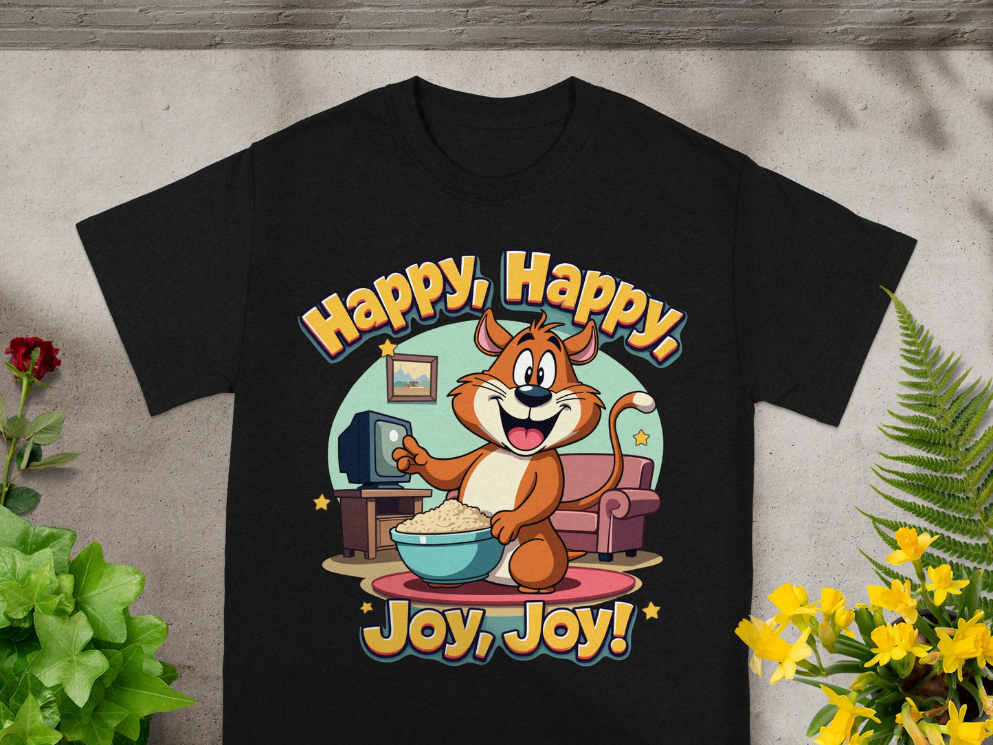 Cartoon cat holding popcorn, text "Happy, Happy, Joy, Joy!"