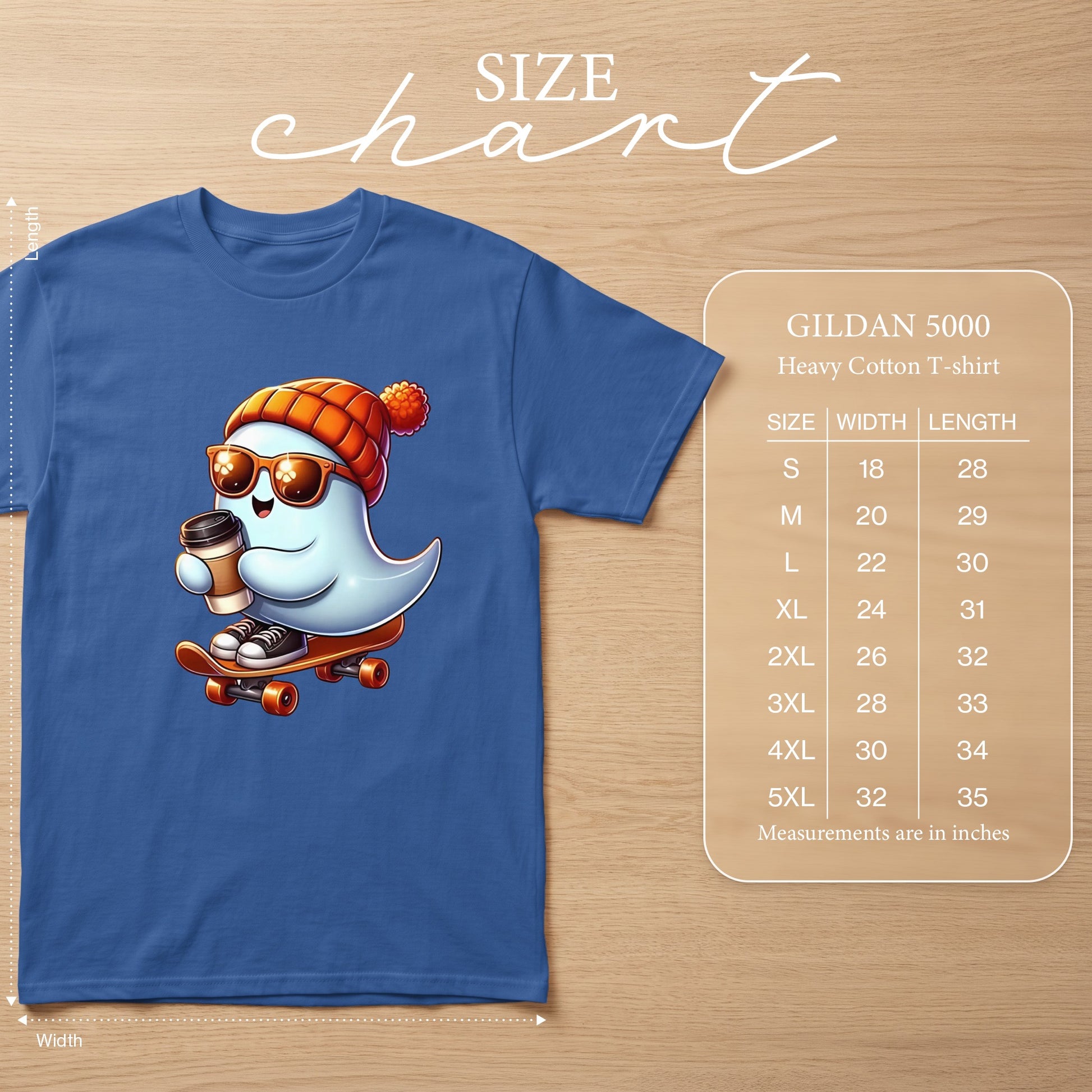 Blue t-shirt with a cartoon ghost wearing sunglasses and a beanie, riding a skateboard and holding coffee. Includes size chart.