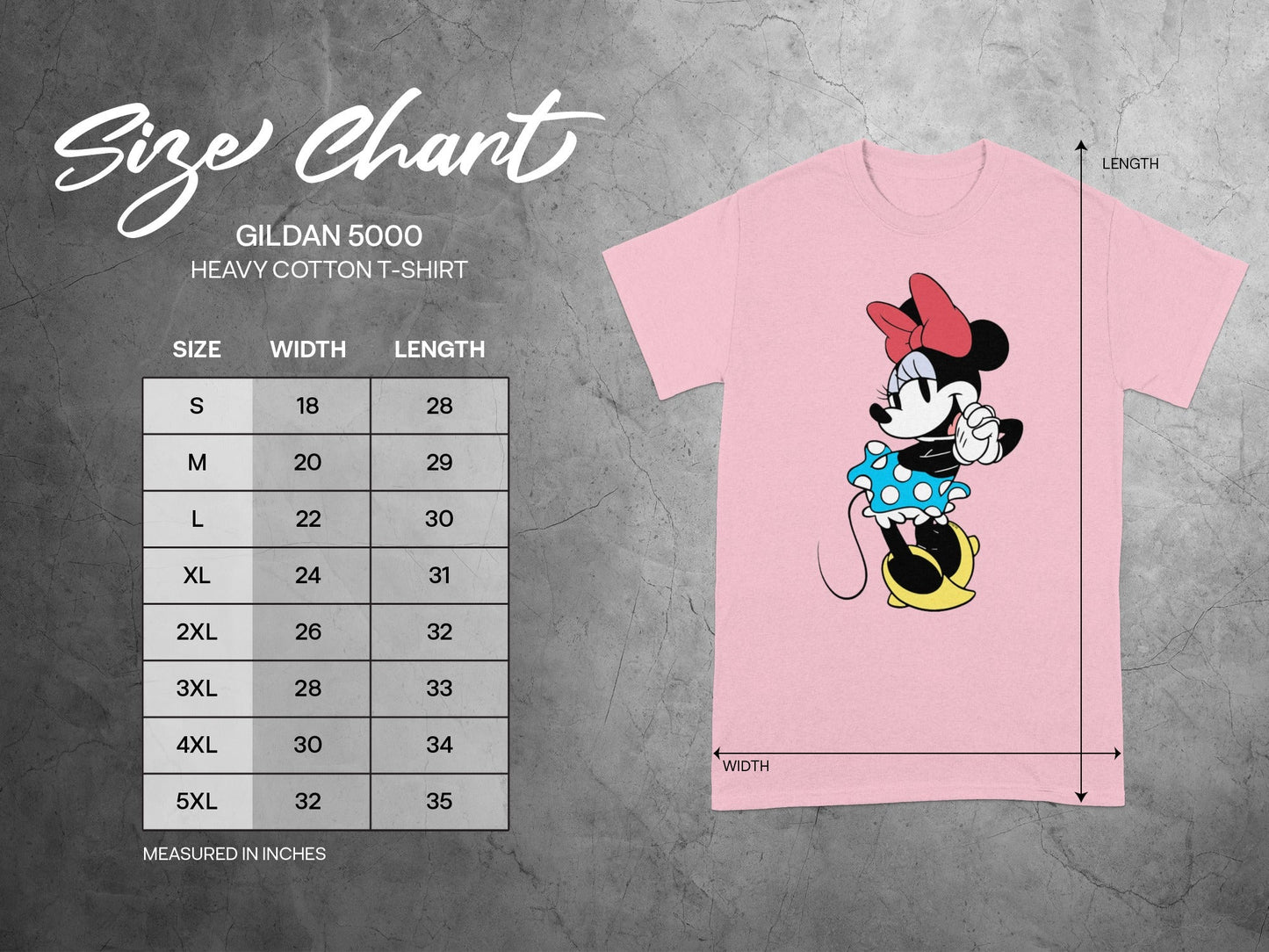 GILDAN 5000 Minnie Mouse Size Chart Measured in Inches T-Shirt product type