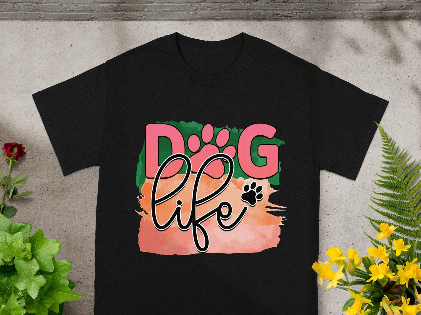 Colorful Dog Life Graphic Paw Print T-Shirt