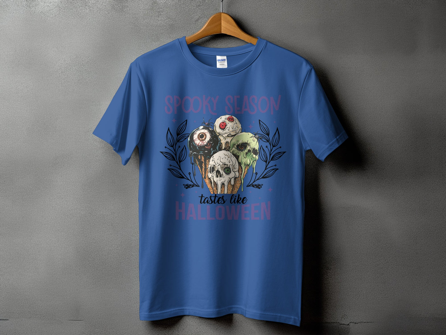 Blue t-shirt with spooky ice cream cones and "Spooky Season" text.