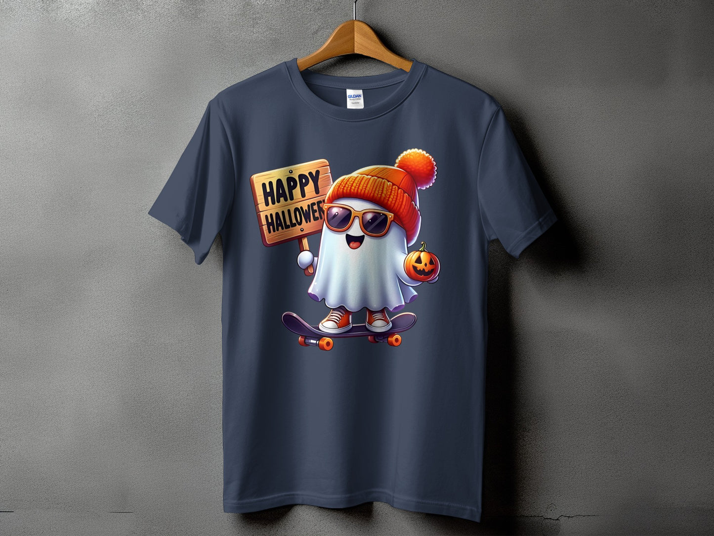 Ghost wearing sunglasses and a beanie rides a skateboard holding a pumpkin and sign.