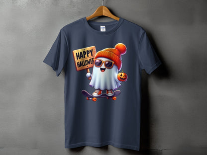 Ghost wearing sunglasses and a beanie rides a skateboard holding a pumpkin and sign.