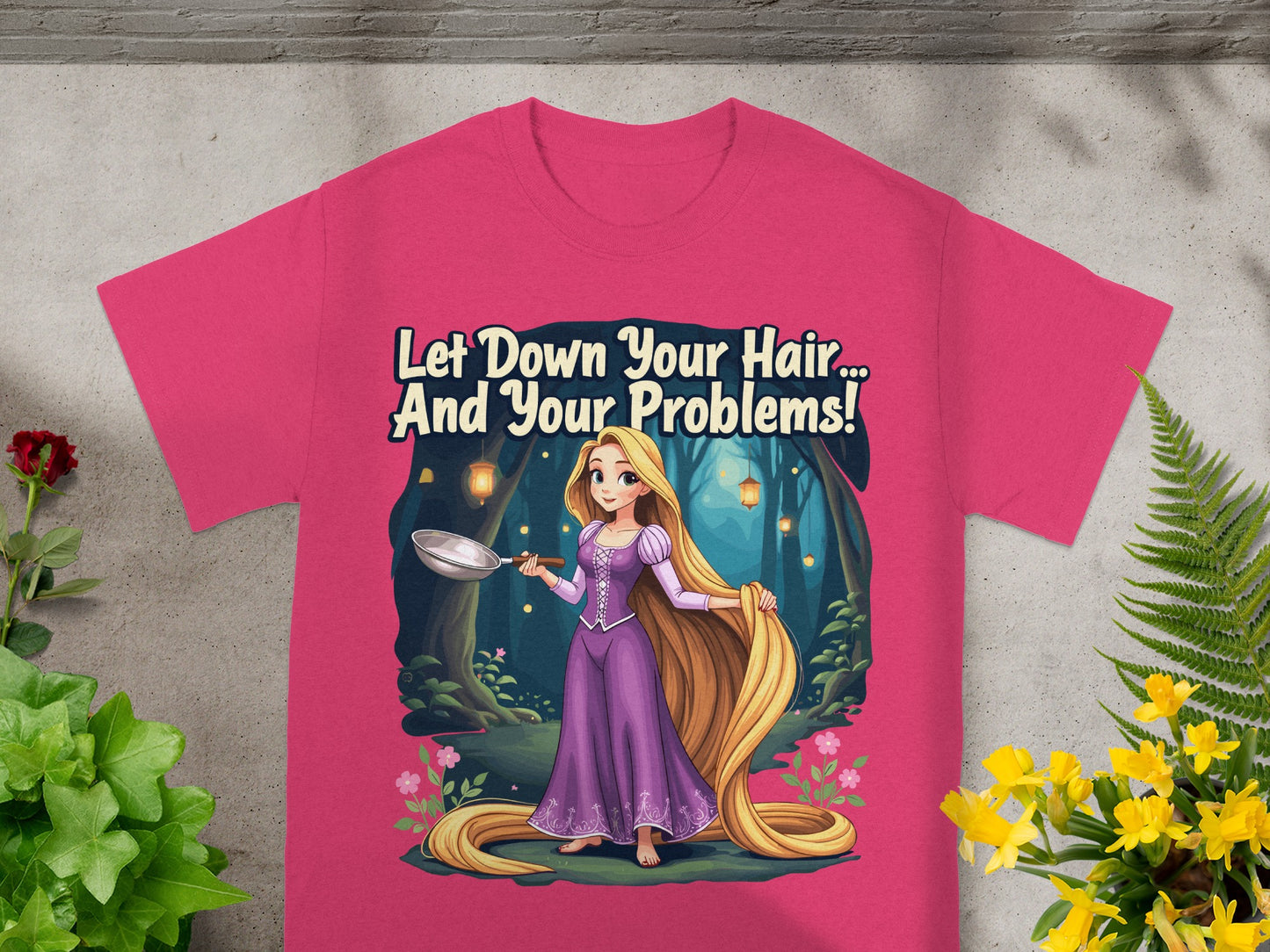 Rapunzel in purple dress, letting down her hair with skillet, forest background.